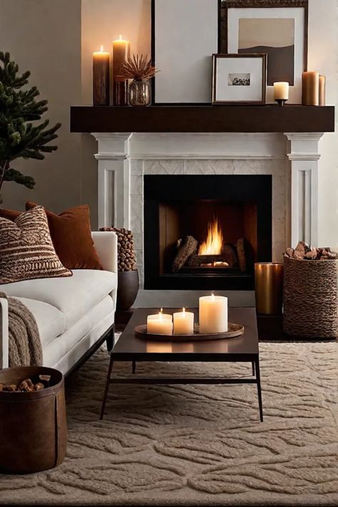 Fall Vibes Home Decor, Cozy Winter Living Room Aesthetic, Fireplace Cozy Aesthetic, Cosy Fireplace Aesthetic, Cozy Candle Lit Living Room, Fireplace Aesthetic, Cozy Fireplace Aesthetic Christmas, Shelves Decor, Fireplace Mantel Surrounds