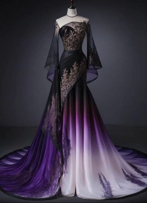 Black And Color Wedding Dress, Dark Fantasy Gown, Purple Fantasy Dress, Dresses Wallpaper, Iphone Wallpaper 4k, Fantasy Clothes, Fantasy Outfits, Fashion Drawing Dresses, Fantasy Dresses