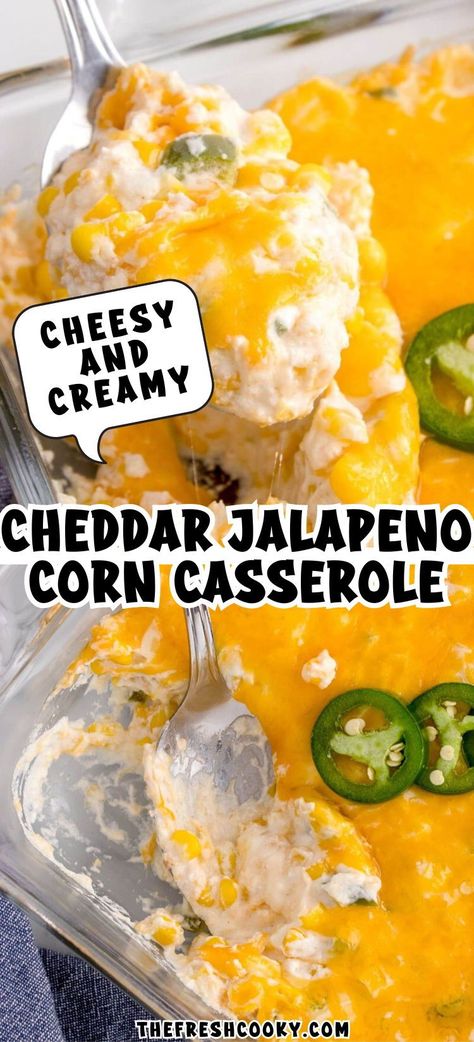 With only 10 minutes of prep, this ultra-creamy Jalapeno Corn Casserole is the perfect side dish for holiday meals or potlucks. Bonus! It doubles as a Jalapeno Corn Dip, too! Corn Jalepeno Casserole, Corn Casserole With Jalapenos, Jalapeño Corn Casserole, Hot Corn Casserole, Creamy Jalapeno Corn, Jalapeno Corn Dip, Healthy Dinner Casseroles, Cheese Corn Casserole, Cheesy Corn Casserole