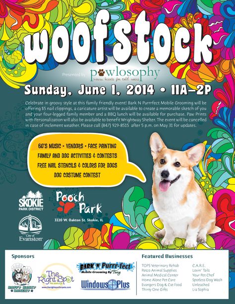 Bring your dog to Woofstock on June 1 from 11am-2pm at the Skokie Pooch Park on Oakton Street.  Celebrate in groovy style at this family friendly event! Bark N Purrrfect Mobile Grooming will be offering $5 nail clippings, a caricature artist will be available to create a memorable sketch of you and your four-legged family member and a BBQ lunch will be available for purchase. Animal Rescue Fundraising, Dog Fundraiser, Mobile Grooming, Bbq Lunch, Pet Event, Caricature Artist, Pet Boutique, Animal Control, Animal Projects