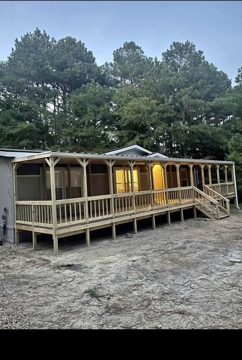 Covered Front Porch Manufactured Home, Decks For Double Wide Mobile Homes, Porch On Single Wide Trailer, Manufactured Home Back Porch Ideas, Mobile Home Deck With Ramp, Double Wide Curb Appeal, Mobile Home Patio Ideas Outdoor Spaces, Mobile Home Sunroom Addition, Mobile Home Screened In Porch