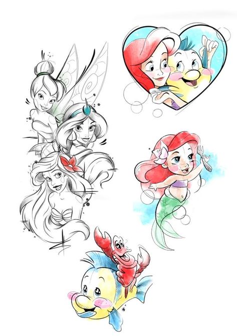 Small Ariel Tattoo, Disney Princess Sleeve Tattoo, Watercolor Disney Tattoo, Disney Flashsheets Tattoo, Disney Tattoo Flash, Tattoo Disney Princess, Flash Tattoo Disney, Disney Flash Tattoo, Princess Jasmine Tattoo