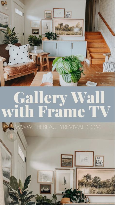 Frame Tv Picture Wall, Gallery Wall Mounted Tv, Mid Century Tv Wall, Tv Gallery Wall Ideas, Frame Tv Gallery Wall, Maximalism Interior Design, Mid Century Gallery Wall, Wall Styling, Picture Frame Tv