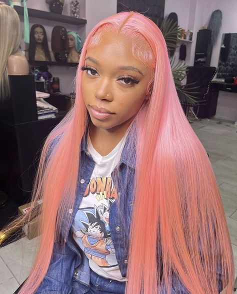 Pink Buss Down Middle Part, Middle Part Pink Wig, Pink Wigs Black Women, Lace Front Wigs Pink, Light Pink Wig, Wigs Pink, Wig Installs, Frontal Wig Hairstyles, Wig Colors