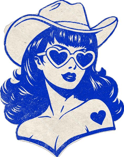 Western Illustration Art, Cowgirl Aesthetic Painting, Goth Cowgirl Tattoo, Cowgirl Tattoos Western Sleeve, Cute Clipart Aesthetic, Girly Cowgirl Aesthetic, Cowboy Hat Doodle, 60s Cowgirl, Cowgirl Hat Drawing