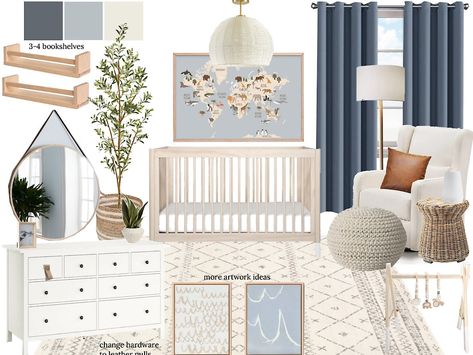 Blue Waynes Coating Ideas, Navy And Light Blue Nursery, Nursery Ideas With Wallpaper, Gray And Blue Nursery, Blue And Grey Nursery Boy, Small Boy Nursery Ideas, Cozy Boy Nursery, Dusty Blue Nursery Boy, Blue And Green Nursery Boy