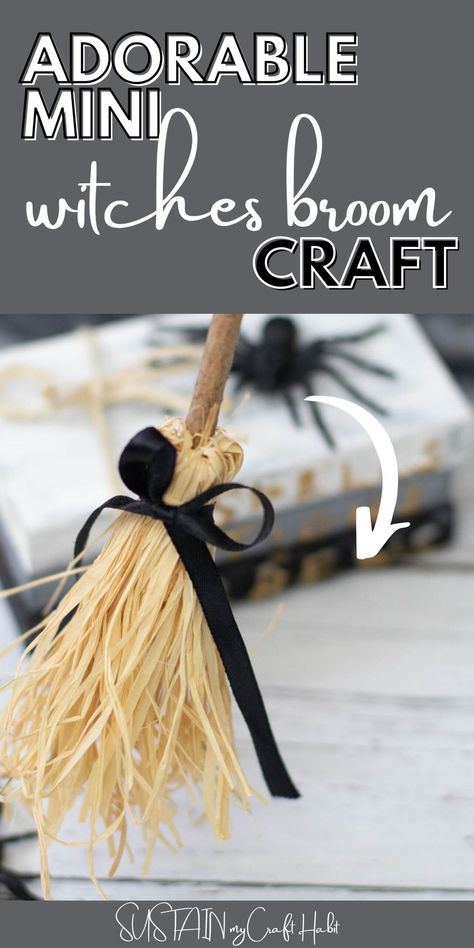 This adorable miniature witch's broom craft idea with raffia and twigs is an easy way to add a touch of magic to your Halloween decor! It's the perfect simple craft for a tiered tray, garland, Halloween mantle or tablescape. Step-by-step photo tutorial included. Mini Broomstick Diy, Diy Witch Broom, Broom Craft, Raffia Crafts, Burlap Halloween, Witchcraft Diy, Acorn Garland, Halloween Brooms, Halloween Sewing Projects