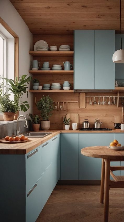 Tiny Scandinavian Kitchen, Open Wooden Shelves Kitchen, Light Blue Modern Kitchen, Small Blue Kitchen Ideas, Working Kitchen Design, Colourful Japandi, Scandinavian Kitchen Design Ideas, Scandinavian Interior Blue, Scandanavian Interiors Kitchens