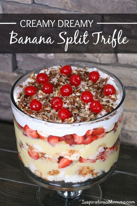 This Creamy Dreamy Banana Split Trifle is filled with layers of fresh fruit, fluffy angel food cake, and creamy pudding! A dessert everyone will love! Trifle With Angel Food Cake, Banana Split Trifle, Banana Trifle, Oreo Trifle, Snickers Dessert, Trifle Bowl Recipes, Punch Bowl Cake, Trifle Dessert Recipes, Angel Food Cake Desserts