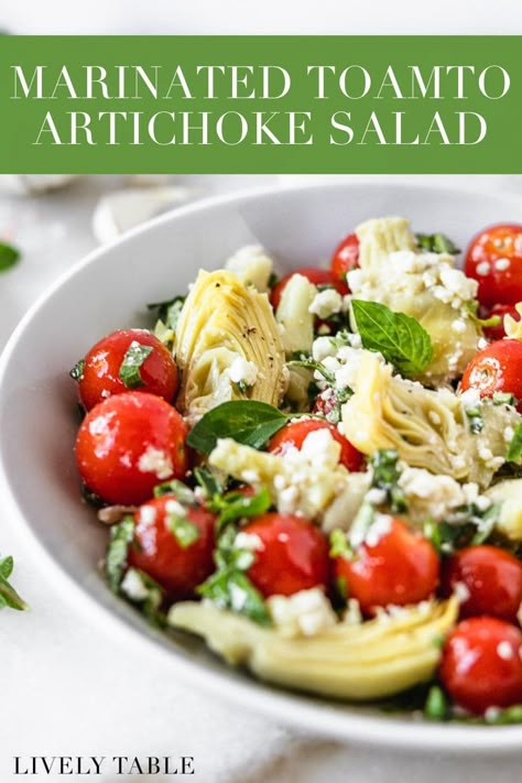 This easy marinated artichoke salad with canned artichoke hearts, tomatoes, feta, herbs, and an easy homemade dressing is simple, fresh and delicious! (vegetarian, gluten-free) Canned Artichoke, Artichoke Heart Recipes, Marinated Artichoke Hearts, Artichoke Salad, Baked Artichoke, Roasted Artichoke, Marinated Tomatoes, Canned Artichoke Hearts, White Bean Salad