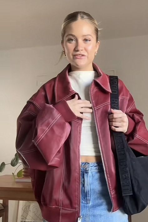 Maroon Leather Jacket Outfit, Red Denim Jacket Outfit, 90s Red Leather Jacket Outfit, Vintage Red Leather Jacket Outfit, Burgundy Denim Jacket, Burgundy Leather Jacket Outfit, Vintage Red Leather Jacket For Streetwear, Dark Red Leather Jacket Aesthetic, Oversized Red Leather Jacket