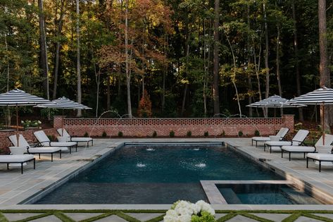 Classic Pool Landscaping, Classic Pools Design, Pool Deck Design, Courtyard Pool Ideas, Classic Swimming Pool, Chris Loves Julia Pool, Chris Loves Julia Exterior, Anthony Sylvan Pools, Tanning Ledges