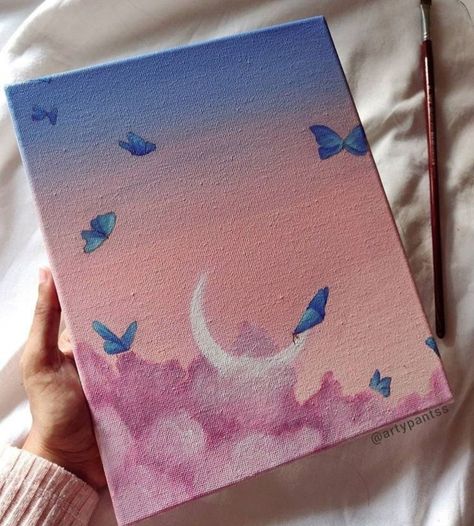 Butterflies, Moon, Canvas, Pink