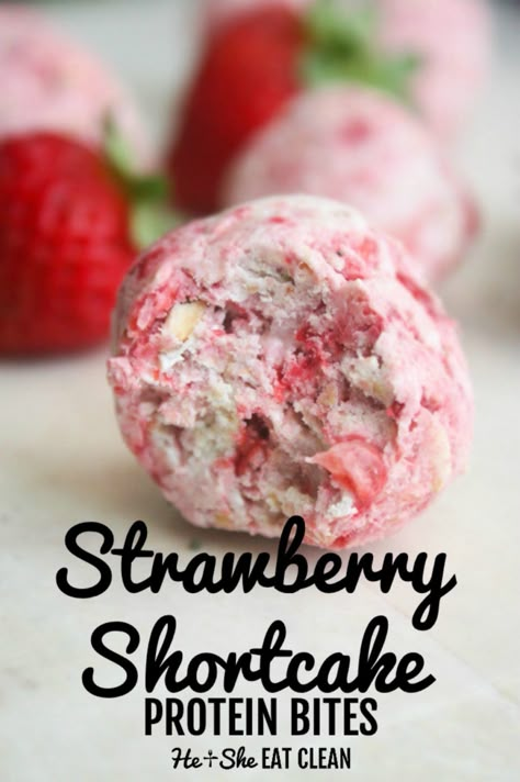 These Strawberry Shortcake Protein Bites are sweet, tangy, healthy, and great for snacking. #eatclean #cleaneating #heandsheeatclean Protein Shake Balls, High In Protein Recipes, Healthy Snacks Chickpeas, Strawberry Protein Snacks, Healthy Snack With Strawberries, High Protein Low Carb Recipes For Picky Eaters, Low Calorie Homemade Snacks, Healthy Room Temperature Snacks, Valentines Protein Balls