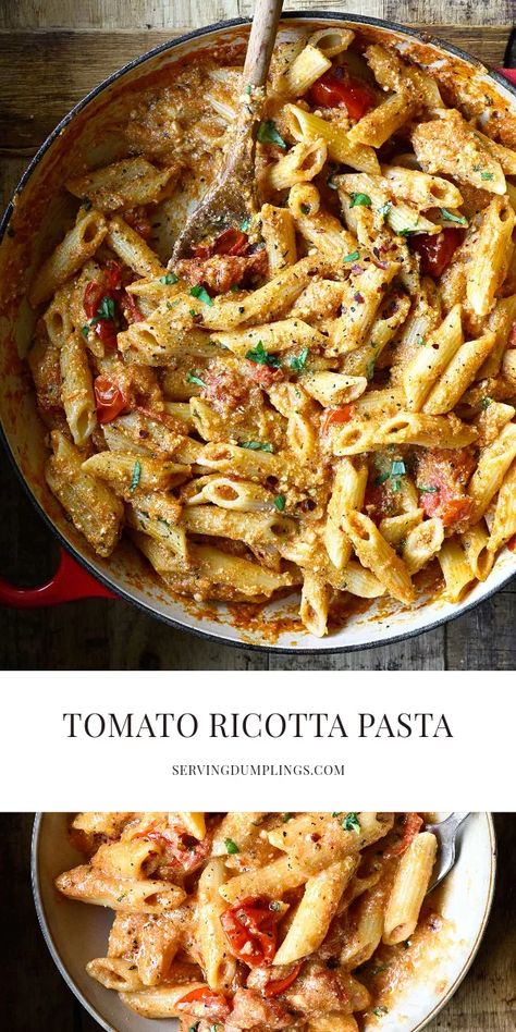 Tomato Ricotta Pasta (15 Minutes) Ricotta And Tomato Pasta, Recipe Ricotta Cheese, Pasta Dishes With Ricotta Cheese, Cherry Tomato Ricotta Pasta, Ricotta Sauce Creamy, Mascarpone Pasta Recipes, Ricotta Cheese Dinner Recipes, Ricotta Ideas, Pasta Ricotta Recipes