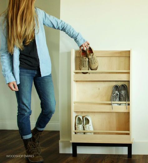 Diy Small Space Shoe Storage, Shoe Rack Entryway Small Spaces Wood, Homemade Shoe Shelf, Diy Shoe Storage Small Space, Diy Narrow Shoe Storage, Low Profile Shoe Rack, Diy Small Shoe Rack, Diy Narrow Shoe Rack, Diy Vertical Shoe Storage