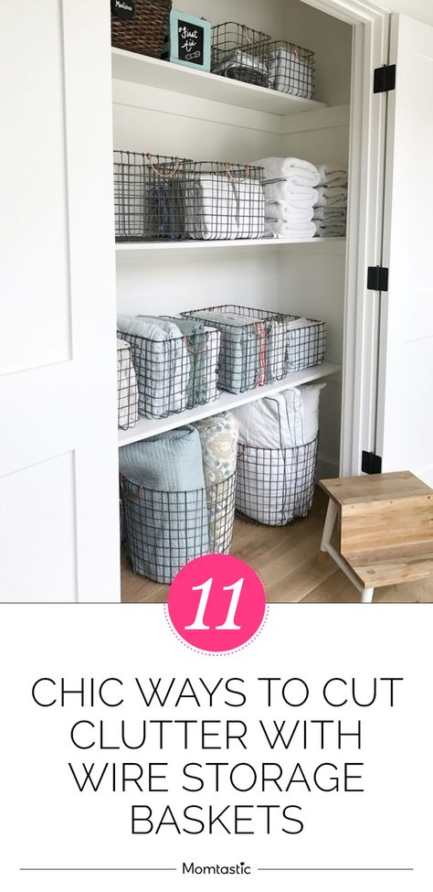 Wire baskets are a cool way to declutter your home! Linen Closet Ideas, Small Linen Closets, Bathroom Linen Closet, Linen Closet Storage, Organizing Linens, Bathroom Closet Organization, Linen Closets, Tension Rods, Office Closet