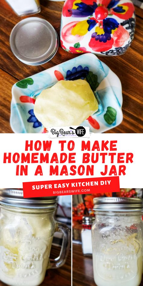 Did you know that you can make homemade butter in a mason jar mason jar? All you need is a mason jar, some heavy cream and salt to make homemade butter! via @bigbearswife Butter In A Jar, Southern Comfort Food Recipes, Butter Recipes Homemade, Wraps And Sandwiches, Keeping Kids Busy, Making Butter, Churning Butter, Southern Comfort Food, Flavored Butter