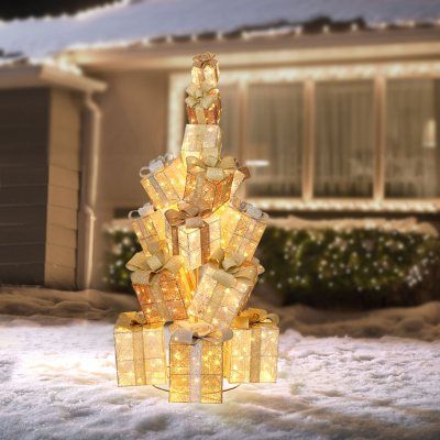 Member's Mark Pre-Lit 74" Twinkling Giftbox Tree - Metallic - Sam's Club Metallic Christmas, Shatterproof Ornaments, Members Mark, Outdoor Holidays, Outdoor Holiday Decor, White Led Lights, Silver Box, Gold Christmas, Outdoor Christmas Decorations