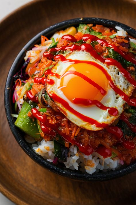 Bibimbap topped with a sunny-side-up egg and drizzled with sriracha sauce. Bimbimbop Recipe Vegan, Bimibap Recipes, Bibimbap Chicken, Bibimbap Recipe Easy, Homemade Bibimbap, Korean Rice Bowl Recipe, Korean Comfort Food, Collage Activity, Meet Recipe