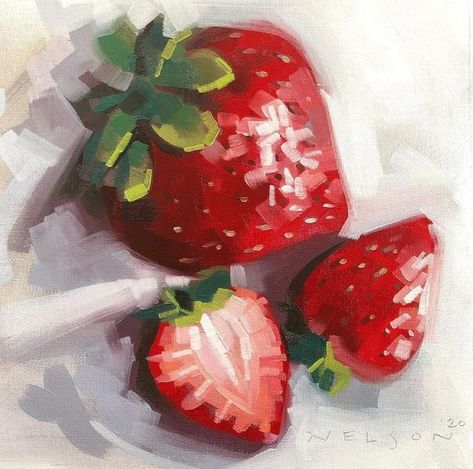 Red Art Painting, Strawberry Painting, Strawberry Art, Watermelon Art, Fruits Drawing, Red Painting, Oil Pastel Art, Gouache Art, Fruit Painting