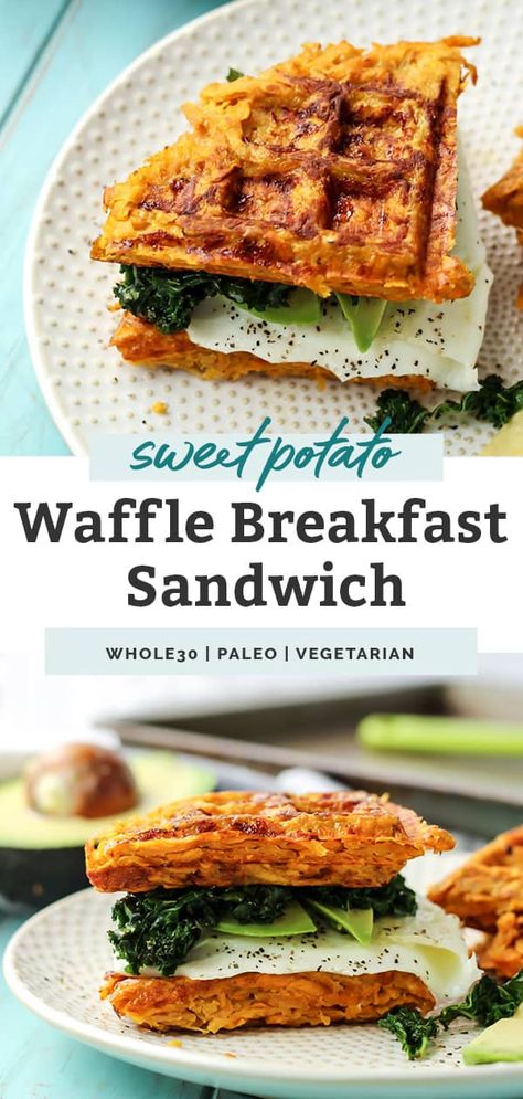 Start your mornings off right with this healthy Whole30 Sweet Potato Waffle Breakfast Sandwich. With eggs, spinach, and avocado stuffed between two savory gluten free sweet potato waffles, this quick and easy breakfast recipe is a protein-packed way to start the day. Clean eating has never been so delicious. Made with real whole food ingredients, this sandwich is naturally paleo, gluten free, dairy free, and super clean. #whole30 #breakfast #cleaneating #paleo Paleo Breakfast Sandwich, Waffle Breakfast Sandwich, Paleo Sandwich, Waffle Sandwich Breakfast, Paleo Breakfast Casserole, Waffle Breakfast, Potato Waffles, Sweet Potato Waffles, Whole 30 Breakfast