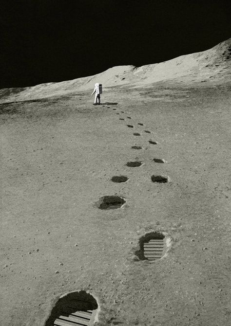 A4 size illustration that depicts an astronaut walking across the surface of the Moon. The arc of the astronaut's boot prints, curvature of the Moon's surface and negative space above the Moon mountains reflects the shape of the Moon and it's orbit around the Earth.  The illustration was created in 2019 to commemorate 50th years since the first Moon landing and is seen through the camera lens of the astronaut's colleague. Man On Moon, Moon Shape, Moon Base, Man In The Moon, Astronaut Aesthetic, Walking On The Moon, Moons Surface, Astronaut On The Moon, Space Walk Astronaut