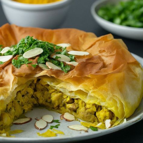 Moroccan Bastilla (Chicken Meat Pie) Recipe - Instacart Chicken Meat Pie Recipe, Moroccan Bastilla, Moravian Chicken Pie Recipe, Moroccan Chicken Pie, Bastilla Moroccan, Chicken Bastilla, Moroccan Chicken Stew Recipe, One Pan Moroccan Chicken, Moravian Chicken Pie