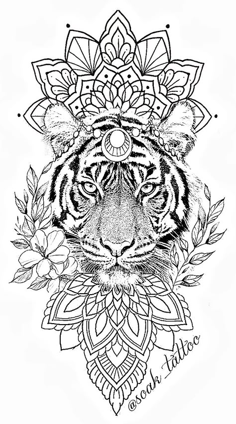 Tiger And Mandala Tattoo, Tiger Mandala Tattoo Design, Lion Mandala Tattoo Design, Tiger Tattoo Outline, Tiger Outline Tattoo, Tiger Mandala Tattoo, Mandala Animal Tattoo, Animal Mandala Tattoo, Geometric Throat Tattoo