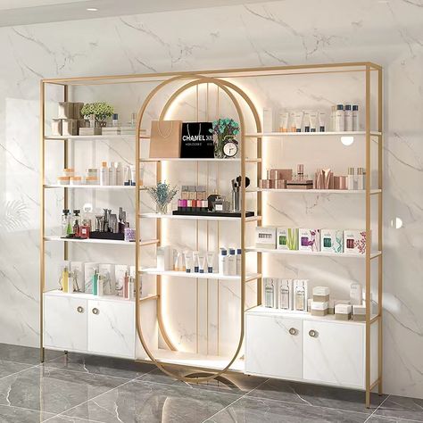 Wall Showcase Design, Salon Shelves, Nail Salon Interior, Retail Store Interior Design, Salon Suites Decor, Store Concept, Pharmacy Design, Retail Store Interior, Beauty Room Decor