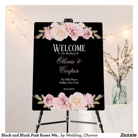 Black and Blush Pink Roses Wedding Welcome Foam Board Blush Pink And Black Wedding, Pink Black Weddings, Pastel Pink Weddings, Blush Wedding Cakes, Blush Wedding Decor, Jasmine Wedding, Dusty Pink Weddings, Blush Pink Roses, Pink Roses Wedding