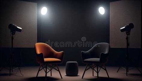 Stylish interior, two chairs, studio light, interview scene. Al generated stock photography Interview Room Design, Interview Background Setup, Podcast Setup, Tv Ideas, Podcast Studio, Studio Session, Studio Furniture, Stylish Interior, Studio Light