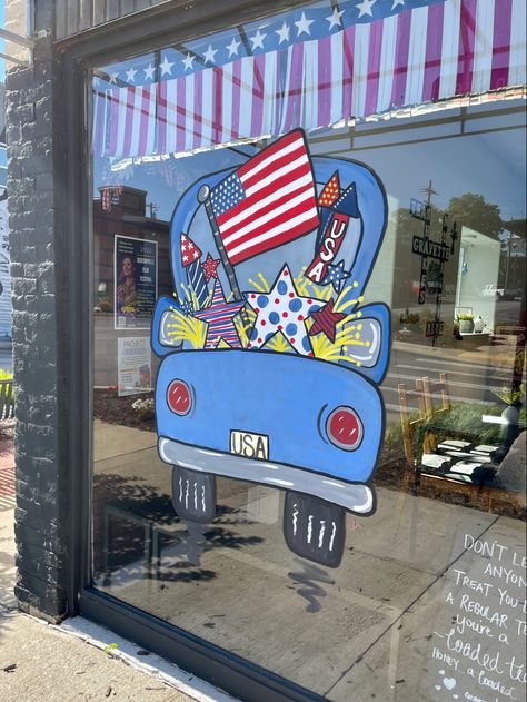 Patriotic Window Painting, Summer Window Painting Ideas, 4th Of July Window Painting, Business Window Painting, Summer Window Art, Summer Window Painting, Window Chalk Art, Window Paint Ideas, Window Painting Ideas