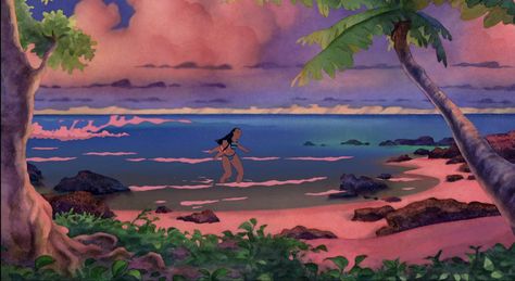 A frame from Lilo and Stitch depicting the titular Lilo being carried by her older sister. Background is a relaxing watercolour painting of a beach. Lilo And Stitch Background, Lilo And Nani, Real References, Stitch Background, Lilo And Stitch 2002, Sunny Isles, Disney Studios, Beach Bathrooms, Disney Lilo