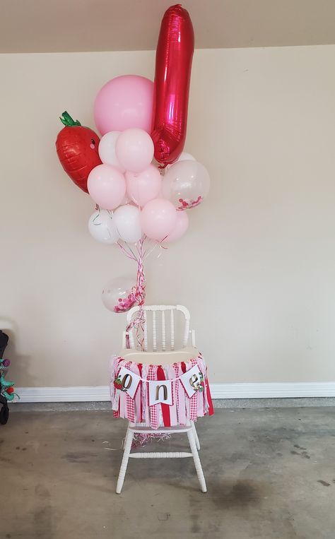 Sweet One First Birthday Theme Strawberry, Our Berry First Birthday, First Birthday Girl Berry Theme, Some Berry Is One, Strawberry Themed 1st Birthday Decor, First Birthday Party Foods, Balloon Party Decor, Berry Birthday Theme, Berry First Birthday Girl