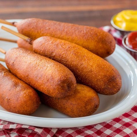 Homemade Corn Dogs Recipe | Easy Homemade Corn Dogs😍 These are a real treat! NEW RECIPE: https://natashaskitchen.com/corn-dogs-recipe/ | By NatashasKitchen.com Corn Dogs Recipe, Homemade Corn Dogs, Homemade Corndogs, Corndog Recipe, Corn Meal, Easy Butter, Yellow Corn, Hot Dog Recipes, Corn Dogs