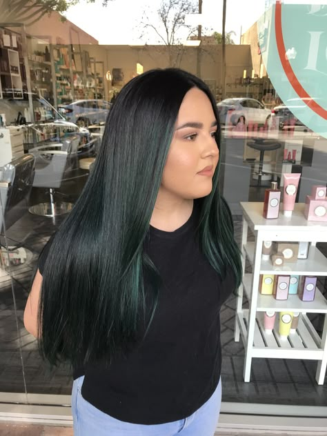 Black Hair Green Peekaboo, Black Hair With Green Undertones, Black Green Hair Color, Dark Green Black Hair, Black And Emerald Hair, Black And Dark Green Hair, Dark Green Hair Aesthetic, Dark Green And Black Hair, Dark Emerald Green Hair