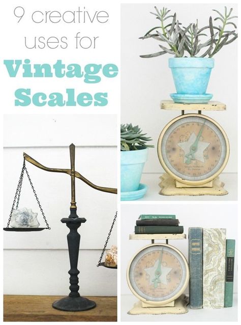 Creative ways to decorate with vintage scales. Ideas for every season. How To Decorate With Old Kitchen Scales, Decorating With Vintage Scales, Scale Decorate Ideas, Kitchen Scale Decor Ideas, Vintage Scales Decor Display, Balance Scale Decor, Vintage Scale Decor, Antique Decorating, Thrifty Style