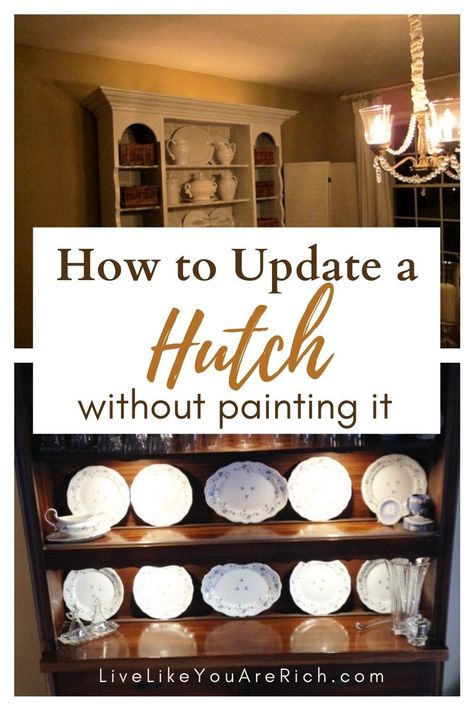 Lamp On Top Of Hutch, Built In Hutch Makeover, Painting Hutch Ideas, Small Hutch Makeover, Living Room Hutch Decorating Ideas, Buffet Hutch Makeover, Decorating A Hutch, Hutch In Living Room, Kitchen Hutch Decorating Ideas