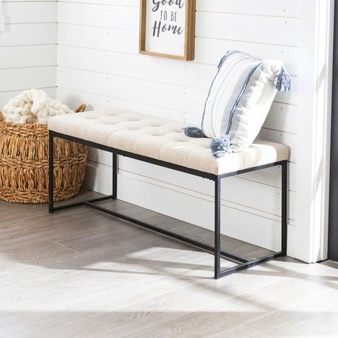 Bench With Metal Base, Grey Benches, Comfy Reading, Metal Bench, Bed Bench, Modern Bench, Upholstered Bench, Wood Slats, Dining Room Sets