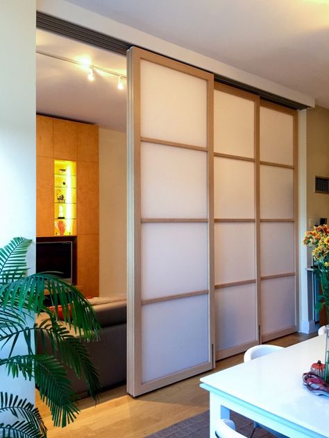 Family Room - Raydoor sliding room dividers Sliding Door Room, Japanese Sliding Doors, Interior Sliding Glass Doors, Sliding Door Room Dividers, Bedroom Divider, Door Dividers, Sliding Room Dividers, Modern Room Divider, Door Room