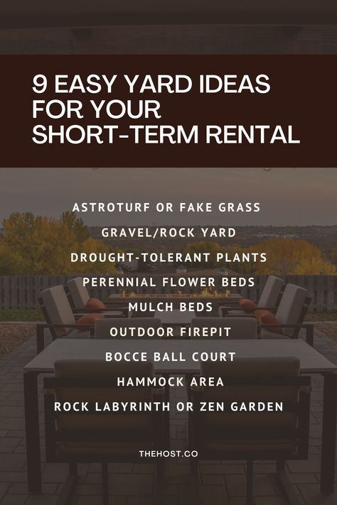 9 Easy Yard Ideas For Your Short-Term Rental: Astroturf or Fake Grass, Gravel/Rock Yard, Drought-Tolerant Plants, Perennial Flower Beds, Mulch Beds, Outdoor Firepit, Bocce Ball Court, Hammock Area, Rock Labyrinth or Zen Garden Rental Property Garden Ideas, Rental Yard Ideas Budget, Rental Yard Ideas, Airbnb Landscaping, Rental Property Ideas, Easy Yard Ideas, Beach Rental Property, Outdoor Amenities, Rock Yard