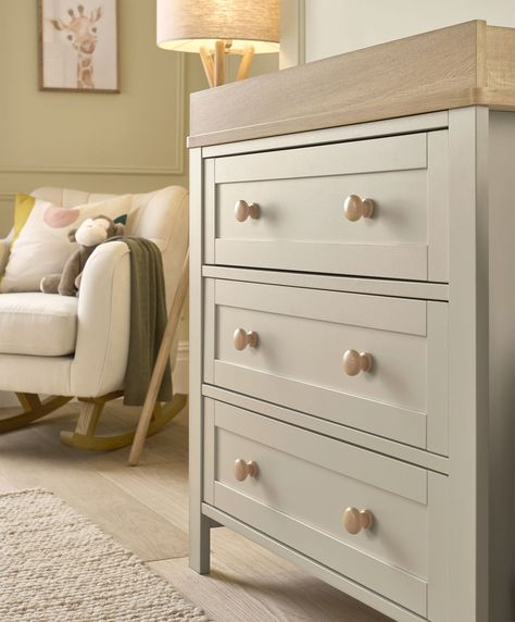 Our two-tone Wedmore furniture range will look the part in your little one’s nursery. Designed and developed in-house at Mamas & Papas, this collection has plenty of clever storage solutions and is finished with classic soft rounded edges and wood effect accents. Our Wedmore furniture range includes 3 pieces of Wedmore furniture in our new shade, Pebble Grey. Includes convertible cotbed, wardrobe and dresser/changer in our new shade Pebble Grey. Cotbed converts easily to toddler bed, allowing you to use from newborn right through until around 4 years. Dresser with removeable changing top, allowing you to continue to use this dresser for years, beyond the nursery. With three deep drawers for great storage. Wardrobe with full-sized hanging space and removeable rail, so you can continue to us Beige Interiors, Dresser Changer, Baby Cot Bedding, Nursery Dresser, Mattress Buying, Nursery Modern, Beige Interior, Mattress Dimensions, Nursery Furniture Sets