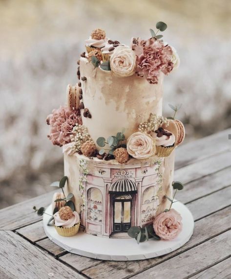 Cake House Design, Bakery Birthday Party, Parisian Cake, Cake Artwork, Fondant Cake Tutorial, Semi Naked Cake, Nice Cakes, Birthday Cake Inspiration, Parisian Party