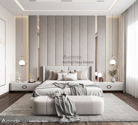 Master bedroom on Behance Bed Back Design Headboards Master Bedrooms, Master Bedrooms Decor 2023, Best Bedroom Designs Modern, Luxury Bed Designs Modern, Contempory Bedroom, Master Bedrooms Decor Luxe, Luxury Headboard Ideas, Modern Minimalist Bedroom Luxury, Modern Headboard Ideas