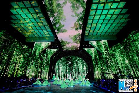 Green Stage Design, Nature Stage Design, Gala Stage Design, Stage Green, Concert Stage Design, Green Lights, Stage Designs, Set Design Theatre, Stage Set Design