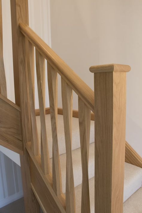 Staircase Banister Ideas, Oak Banister, Oak Staircase, Stair Renovation, Hall Stairs And Landing, Stair Posts, Stairs Renovation, Hall And Stairs, Stairs Railing