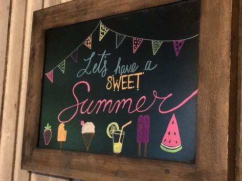 Summer chalkboard Summer Chalkboard Art, Summer Chalkboard, Chalkboard Art Diy, Chalkboard Art Quotes, Chalkboard Wall Art, Chalkboard Doodles, Blackboard Art, Chalkboard Calendar, Chalk Sign