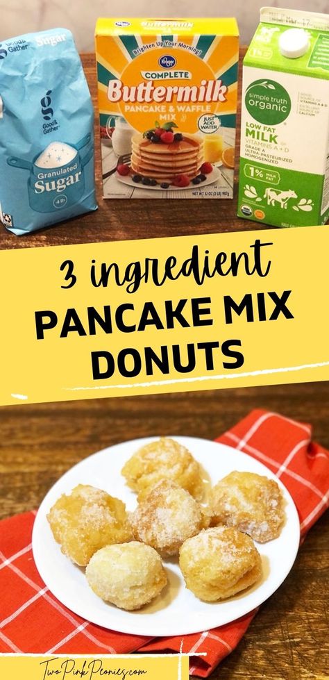 How to make pancake mix donuts | These donuts made from pancake mix (such as Bisquick) are so easy to make. They're great for when you're craving donuts but don't want to make a donut run. These donuts are super easy to make and best of all you only need three ingredients to make them. Pancake Mix Uses, Easy Pancake Mix, 3 Ingredient Pancakes, Baking Mix Recipes, Pancake Mix Recipe, Doughnut Recipe Easy, Easy Donut Recipe, Making Donuts, Pancake Mix Recipes