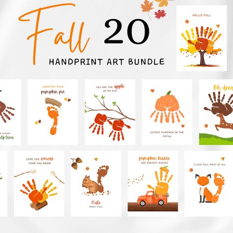 "Fall Handprint Crafts - 20 designs included! This fall bundle is perfect for the fall season! They are going to make the most of fall and create beautiful memories for years to come! This is perfect for home crafts, school, halloween parties, and more!  **This listing is an instant digital download, no physical product will be shipped** Just order and within a few seconds, you will receive a link to download your template.   🍁 You will receive 🍁   1. 1 High quality PDF File Size (8.5\" x 11\") with 20 designs 2. 1 PDF \"Cheat Sheet\" showing the finished prints so you can see where to put the handprints/footprints! 2. Instant Download - Download, Print, Enjoy!    *PRINTING: For best results,  - Use medium to heavy white cardstock - Colors may vary once printed due to monitors and/or pri Fall Handprint Footprint Craft, Handprint Fall Art, Kids Fall Handprint Art, Crafts For Infants Daycare Fall, Fall Leaves Handprints, Fall Hand Foot Print Art, Orange Footprint Craft, Fall Hand Print Art, October Footprint Art For Infants